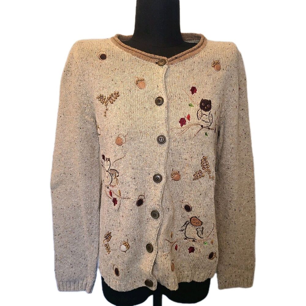 Vintage Christopher & Banks Novelty Cardigan Womens  Sm OWL Embroidery 90s Y2K